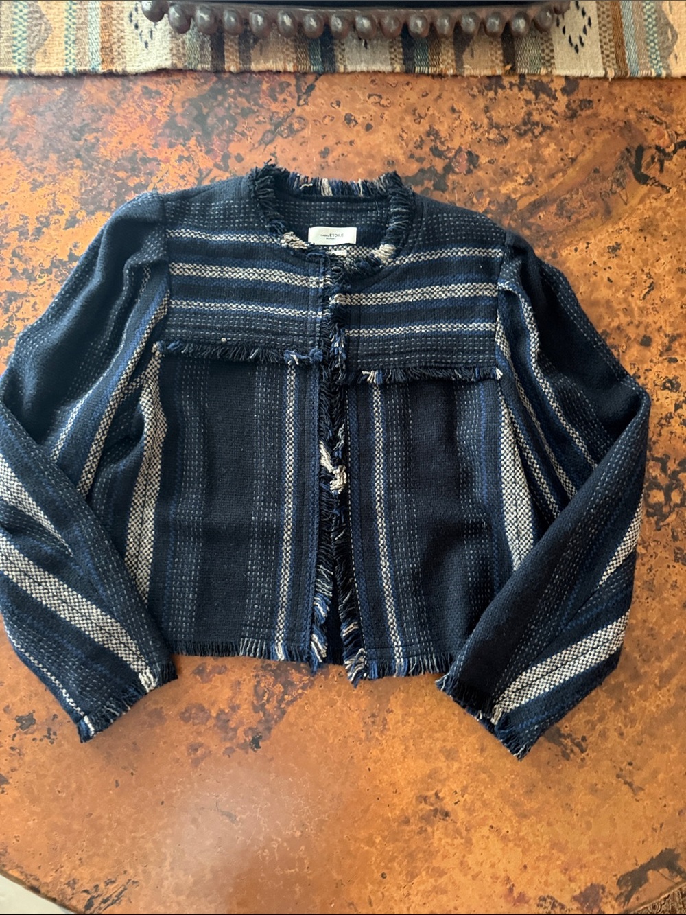 Isabel Marant Navy and Cream Fringed Woven Jacket